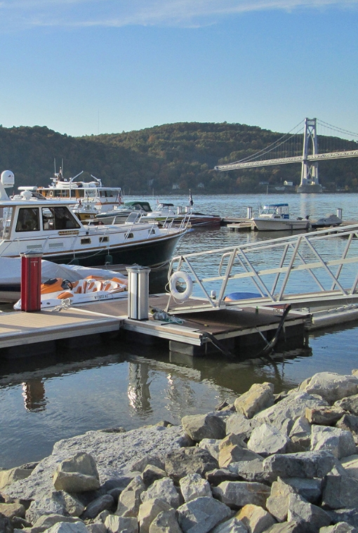 Dockside Boat Slip at Shadows Marina Boat docked in a slip at Shadows Marina with Hudson River views