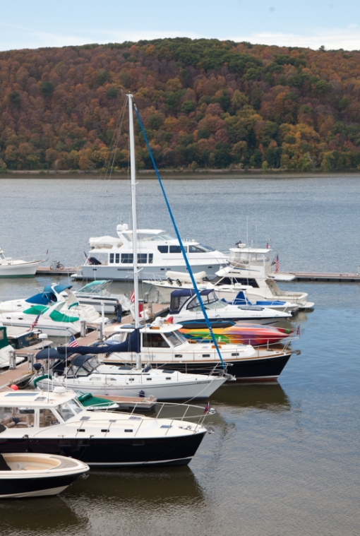 Shadows Marina With Autumn Hillside Boats docked at Shadows Marina with fall foliage across the Hudson River