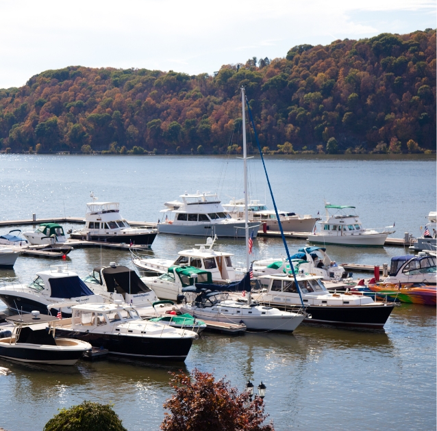 Shadows Marina Slips and Boats Boats docked in slips at Shadows Marina on the Hudson River