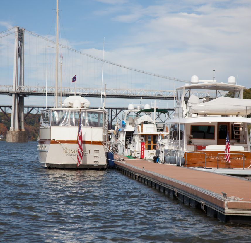 Marina Dock With Boats and Bridge Views Docked boats at Shadows Marina with Mid-Hudson Bridge views